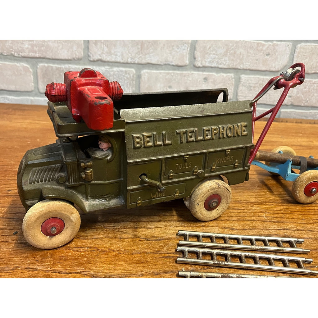Original 1929 Hubley 10” Mack Bell Telephone Truck w/ Trailer - Superb Example