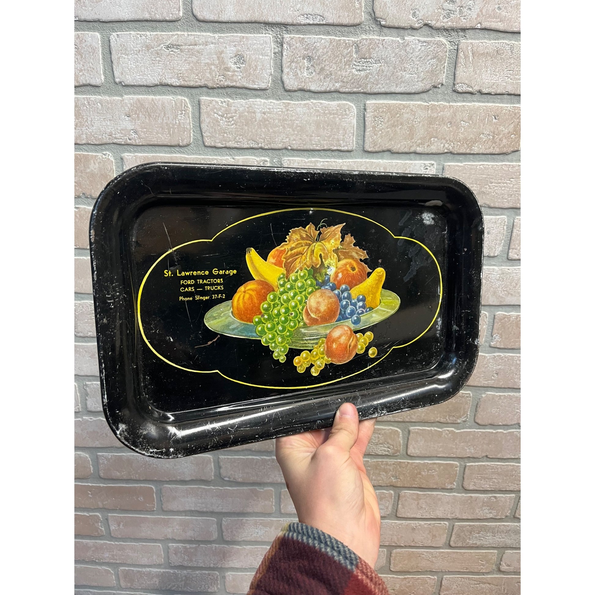 Antique Advertising Serving Tray Tin St Lawrence Garage Ford Tractors Slinger WI