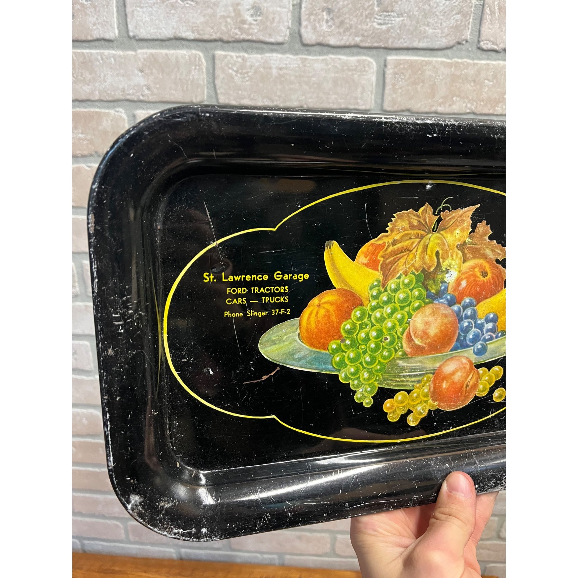 Antique Advertising Serving Tray Tin St Lawrence Garage Ford Tractors Slinger WI