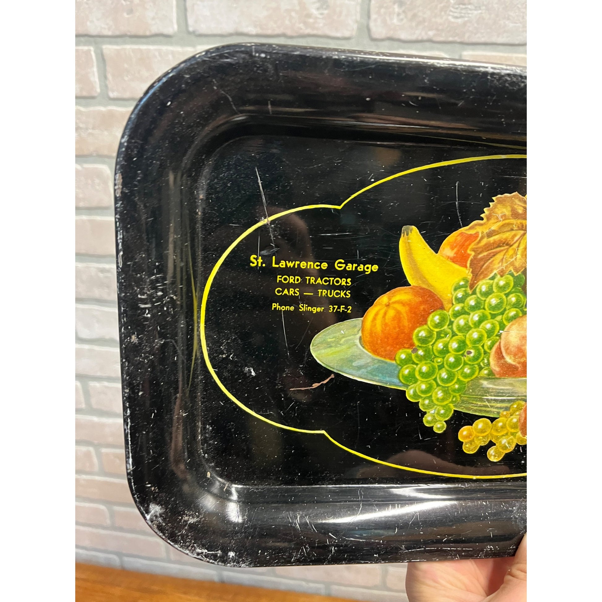 Antique Advertising Serving Tray Tin St Lawrence Garage Ford Tractors Slinger WI