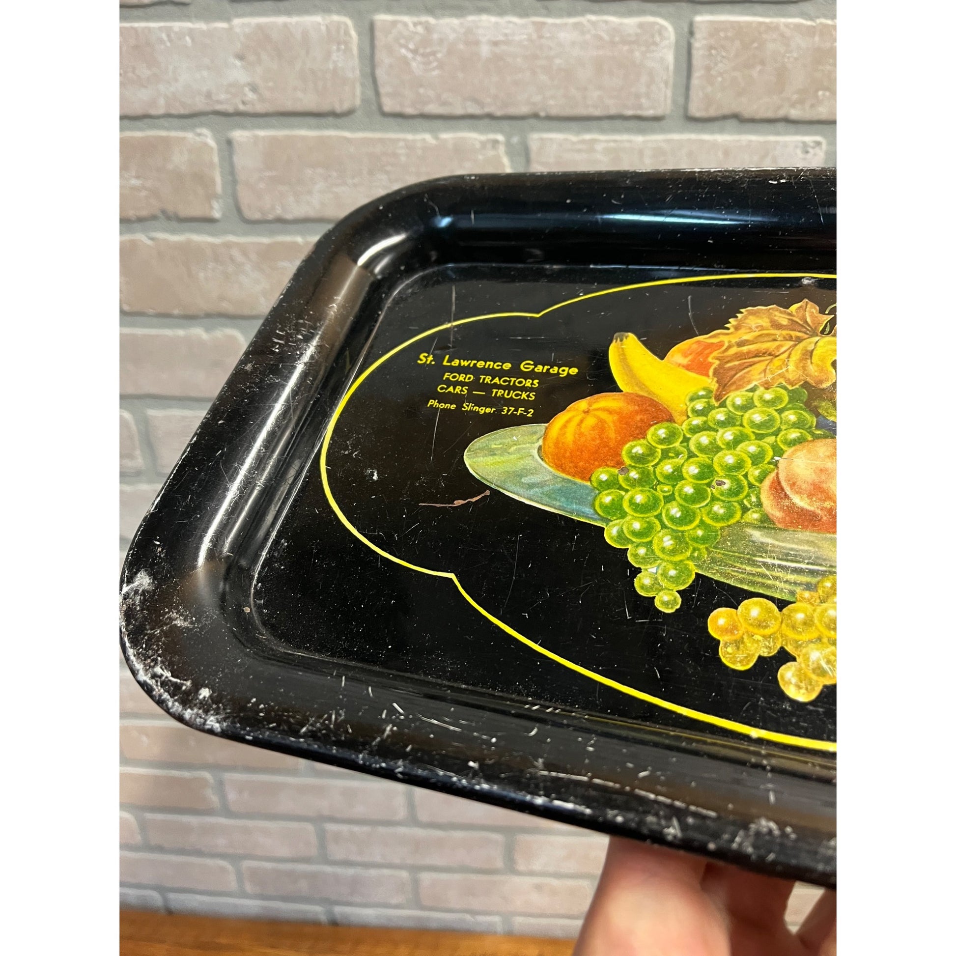 Antique Advertising Serving Tray Tin St Lawrence Garage Ford Tractors Slinger WI