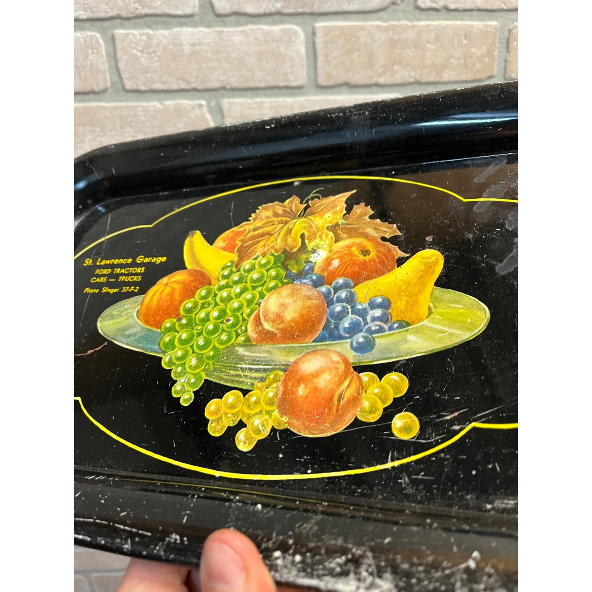 Antique Advertising Serving Tray Tin St Lawrence Garage Ford Tractors Slinger WI