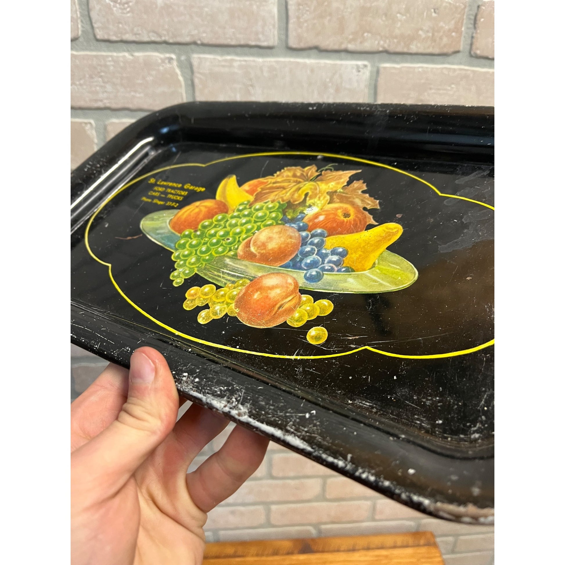 Antique Advertising Serving Tray Tin St Lawrence Garage Ford Tractors Slinger WI