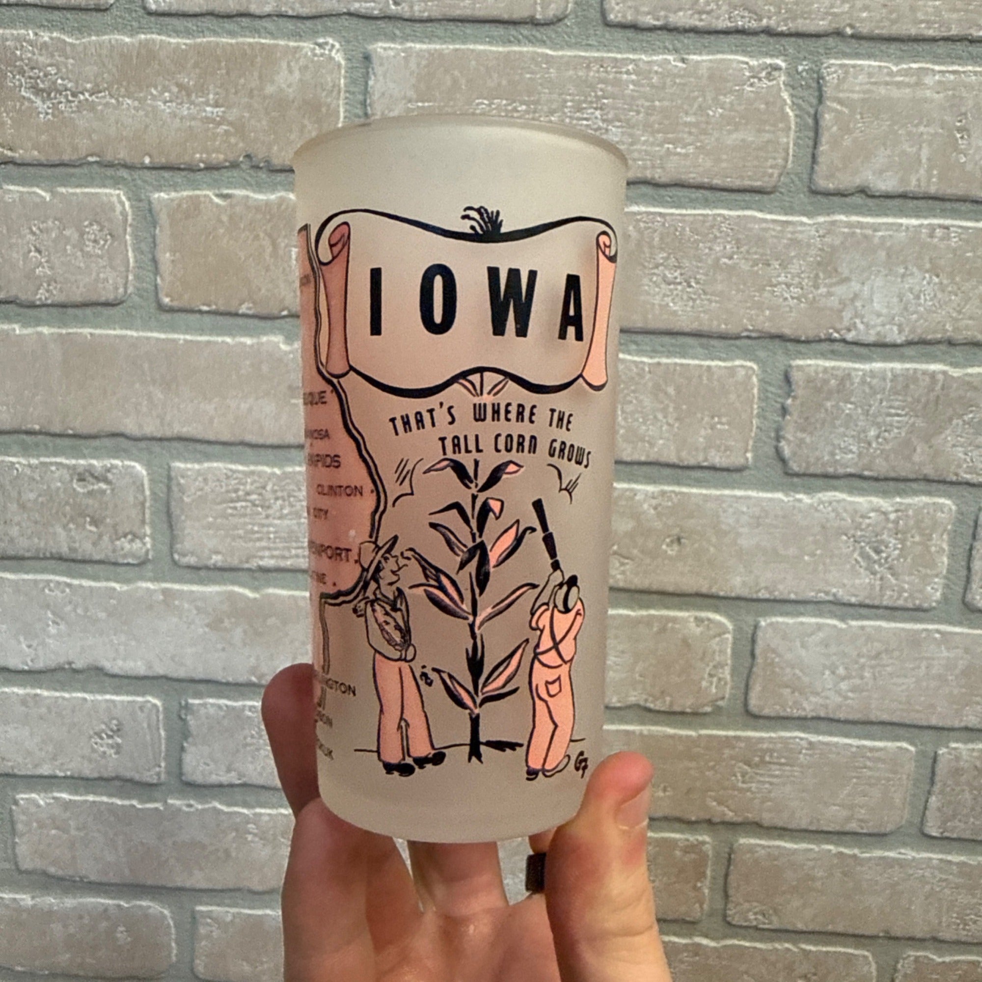 Vintage Frosted State Drinking Glass Iowa Map Cities and Corn Hazel Atlas