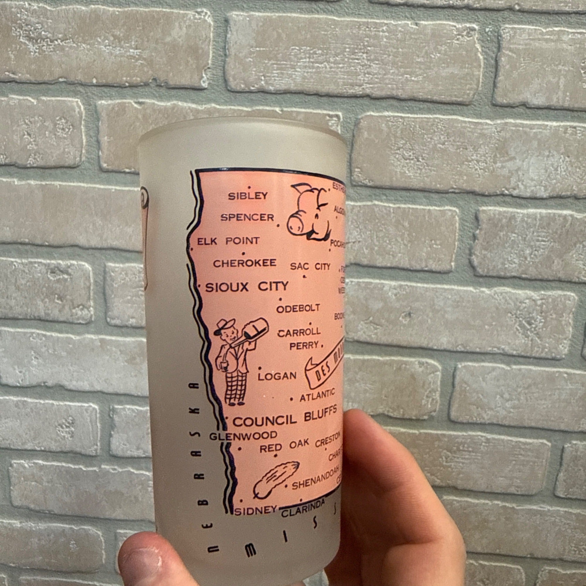 Vintage Frosted State Drinking Glass Iowa Map Cities and Corn Hazel Atlas
