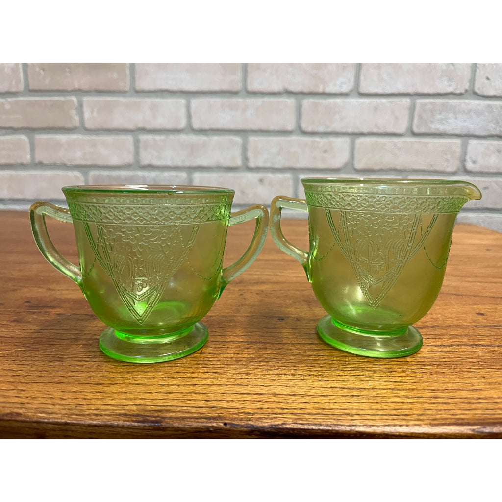 Vintage Federal Sylvan Parrot Green Uranium Glass Footed Creamer & Sugar