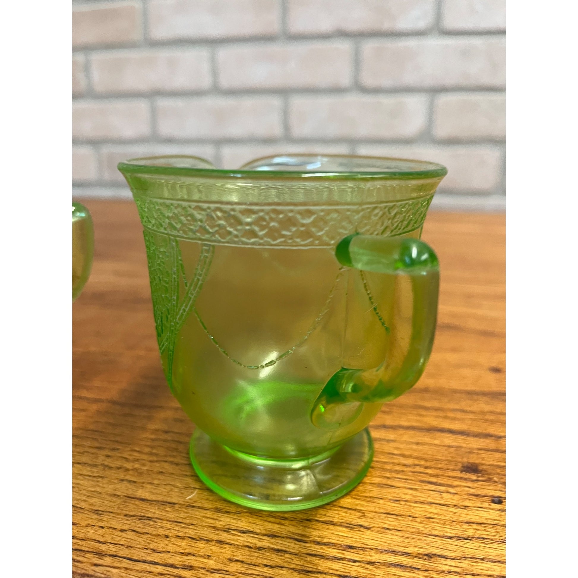 Vintage Federal Sylvan Parrot Green Uranium Glass Footed Creamer & Sugar