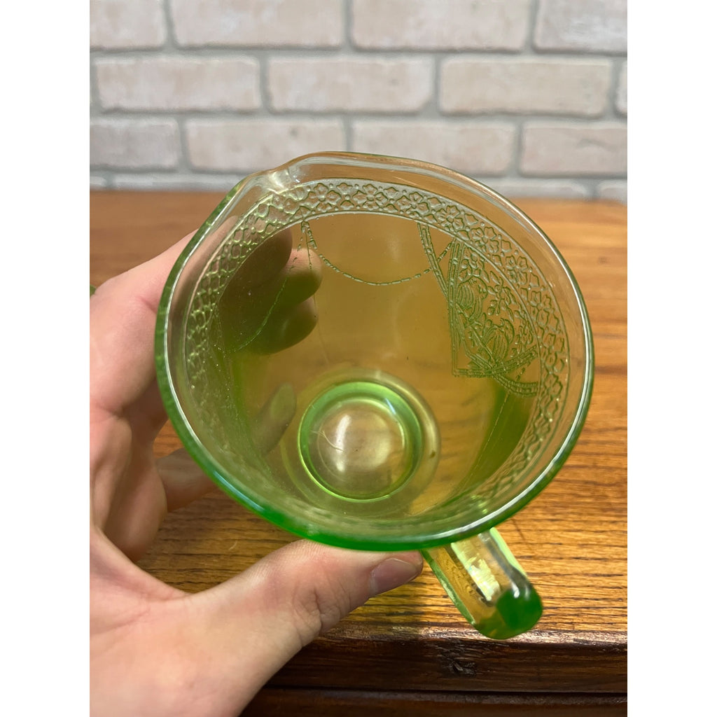 Vintage Federal Sylvan Parrot Green Uranium Glass Footed Creamer & Sugar
