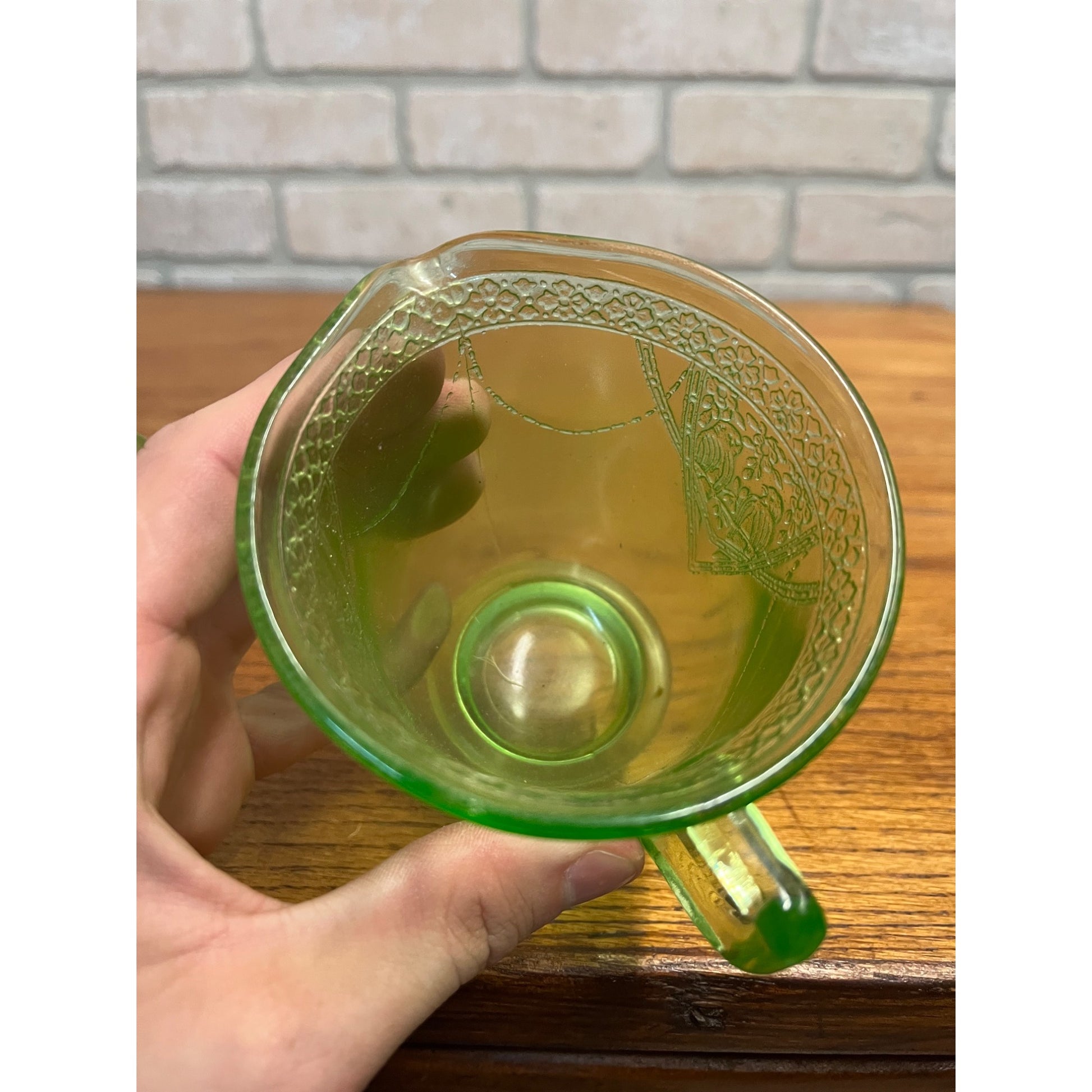 Vintage Federal Sylvan Parrot Green Uranium Glass Footed Creamer & Sugar