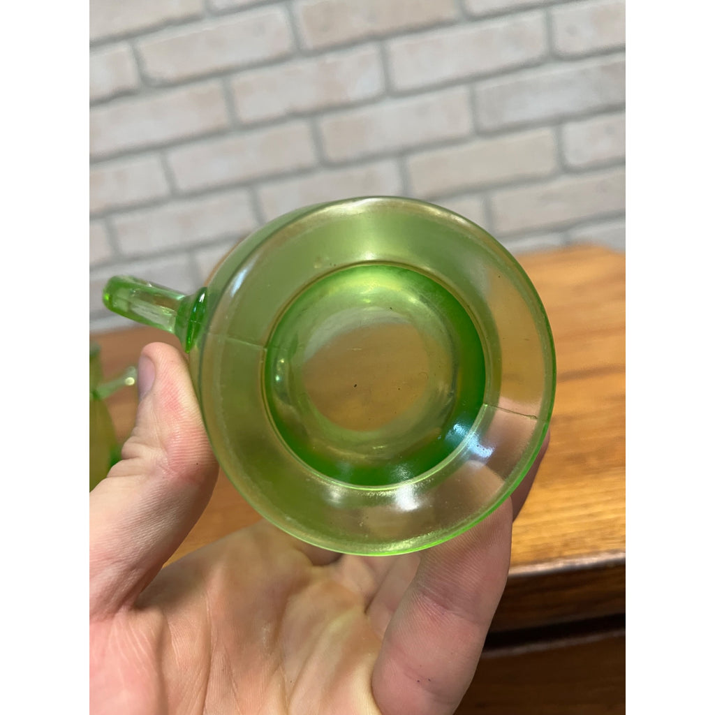 Vintage Federal Sylvan Parrot Green Uranium Glass Footed Creamer & Sugar