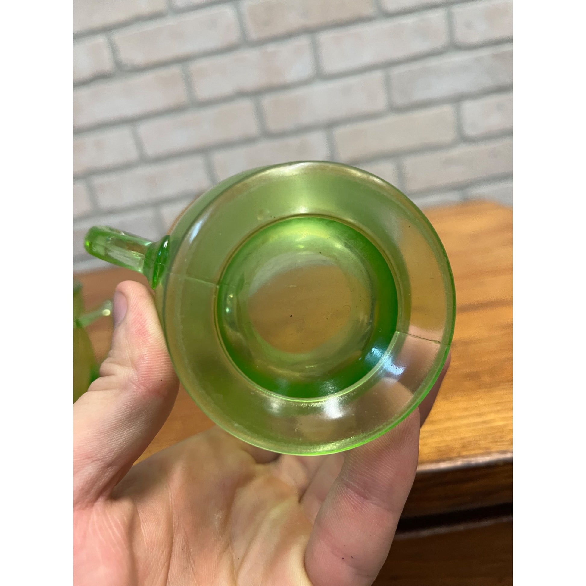 Vintage Federal Sylvan Parrot Green Uranium Glass Footed Creamer & Sugar