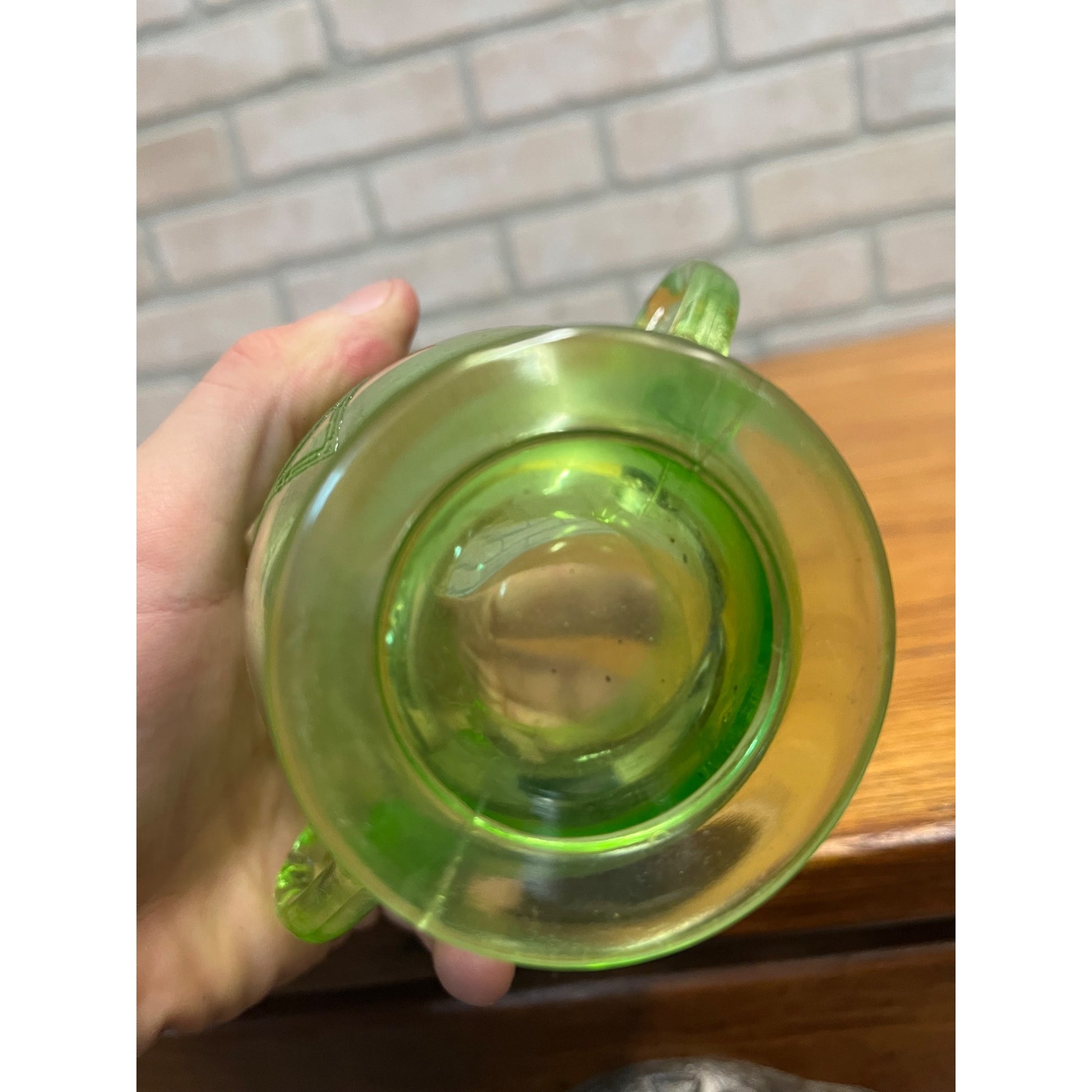 Vintage Federal Sylvan Parrot Green Uranium Glass Footed Creamer & Sugar