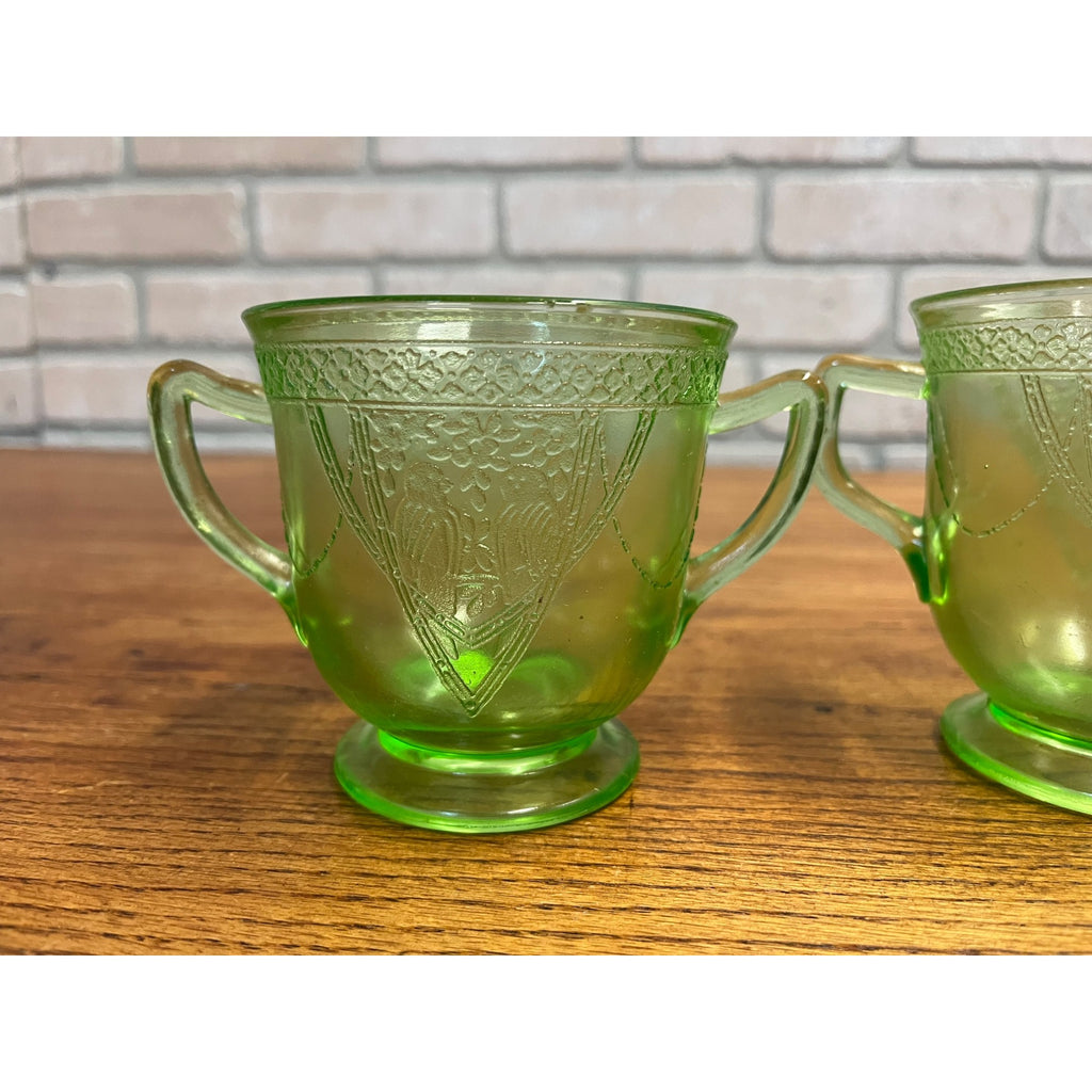 Vintage Federal Sylvan Parrot Green Uranium Glass Footed Creamer & Sugar