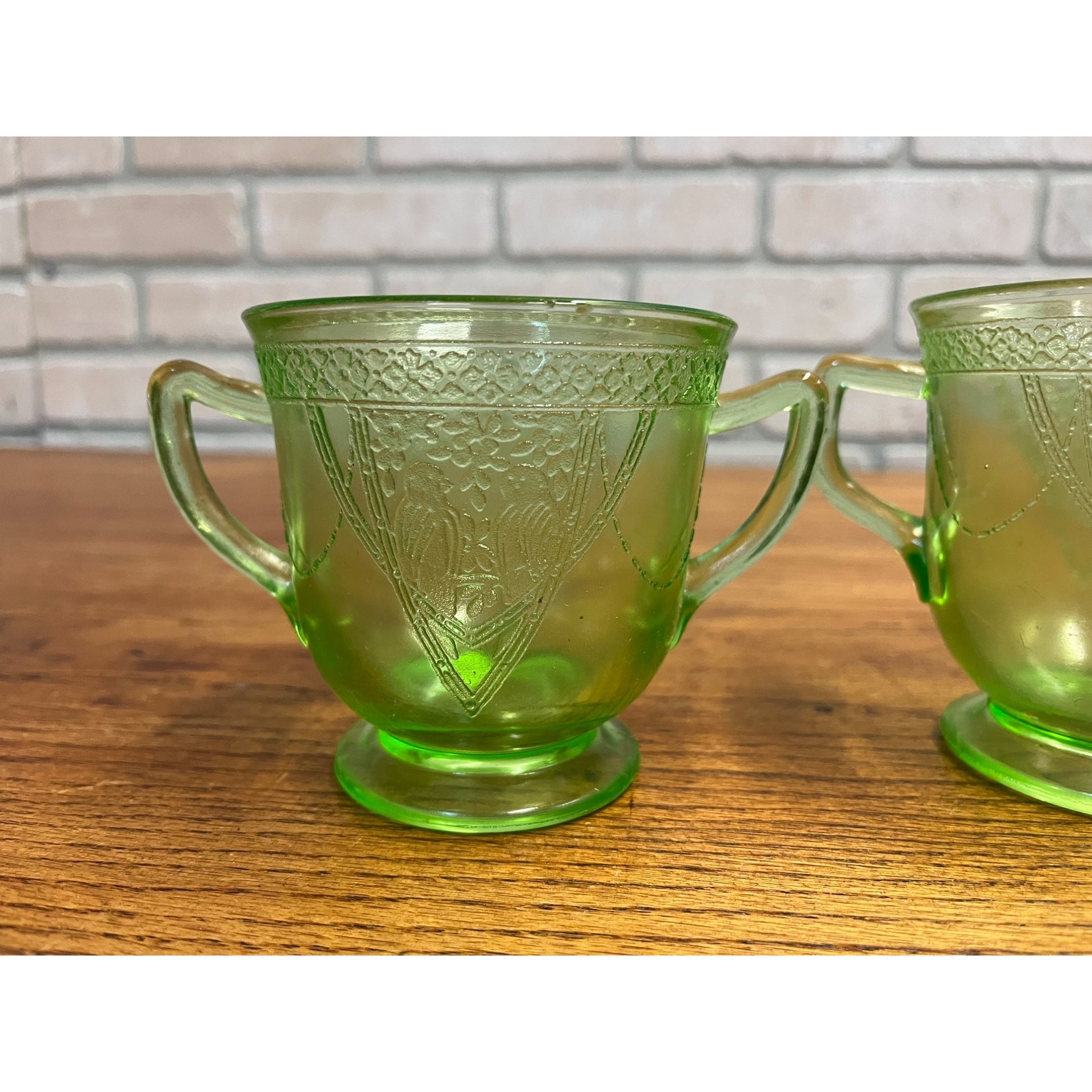 Vintage Federal Sylvan Parrot Green Uranium Glass Footed Creamer & Sugar