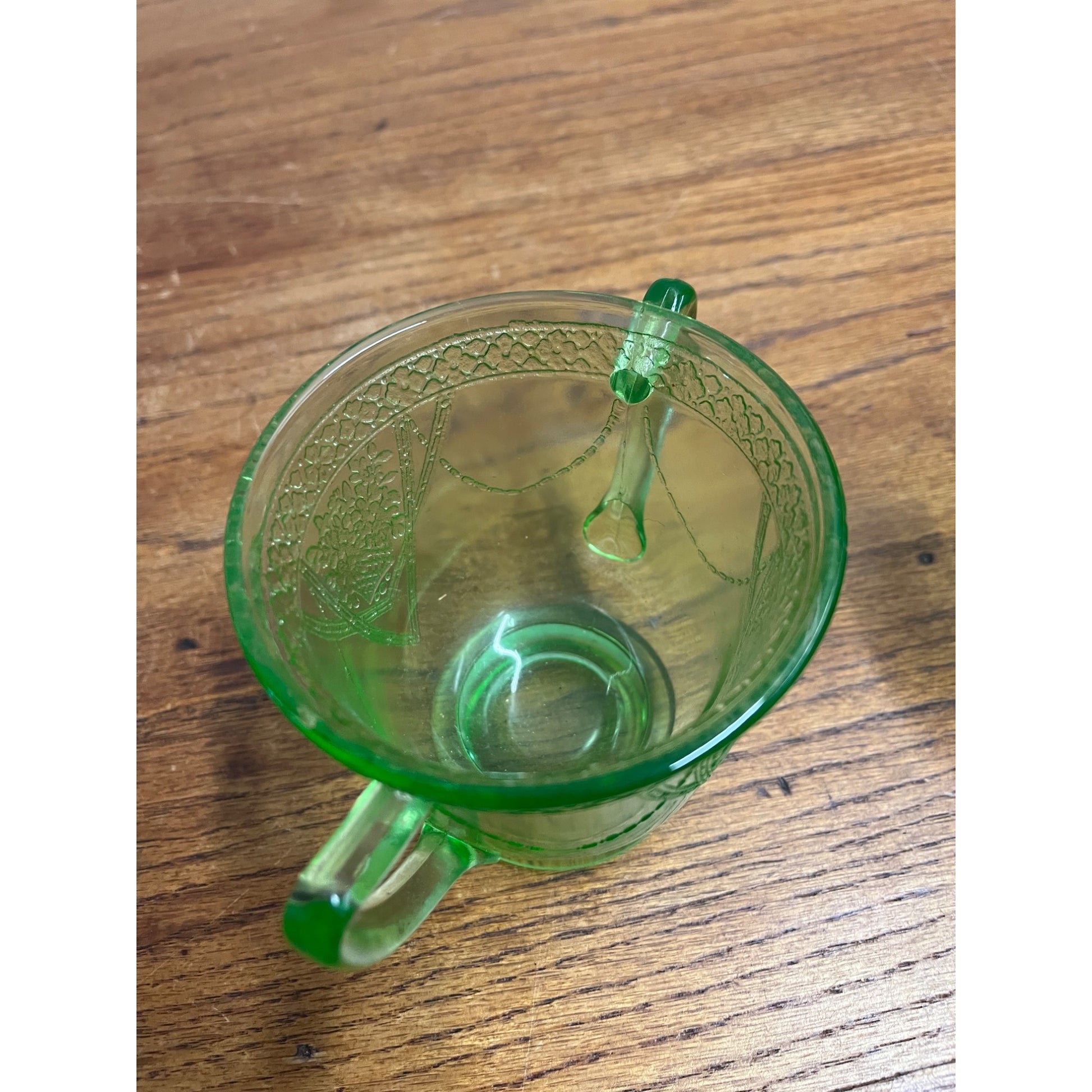 Vintage Federal Sylvan Parrot Green Uranium Glass Footed Creamer & Sugar