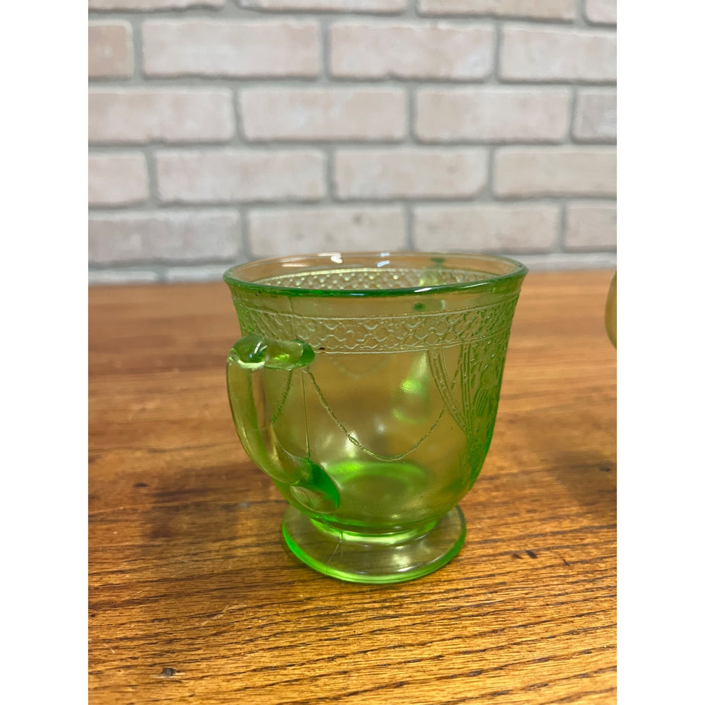 Vintage Federal Sylvan Parrot Green Uranium Glass Footed Creamer & Sugar