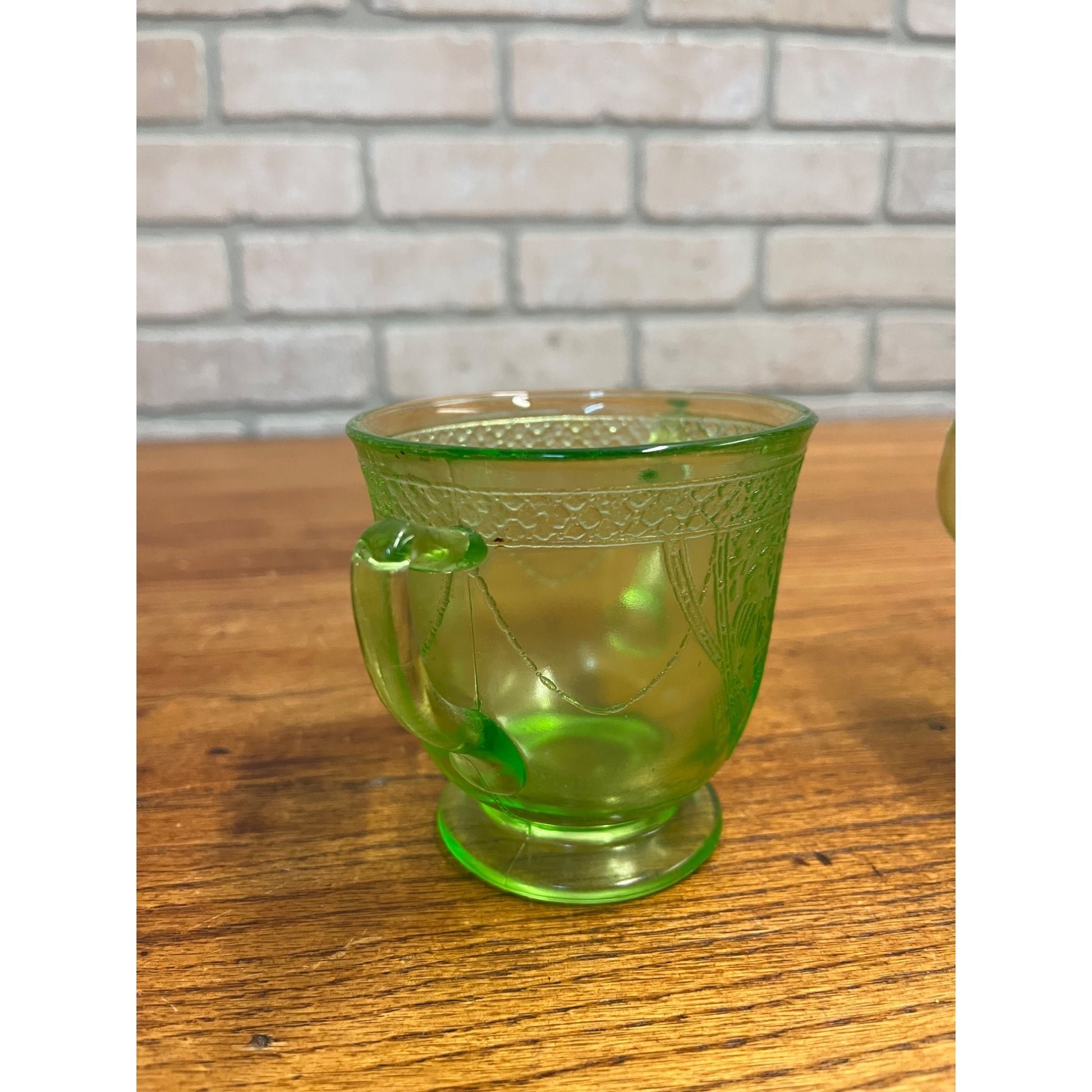 Vintage Federal Sylvan Parrot Green Uranium Glass Footed Creamer & Sugar