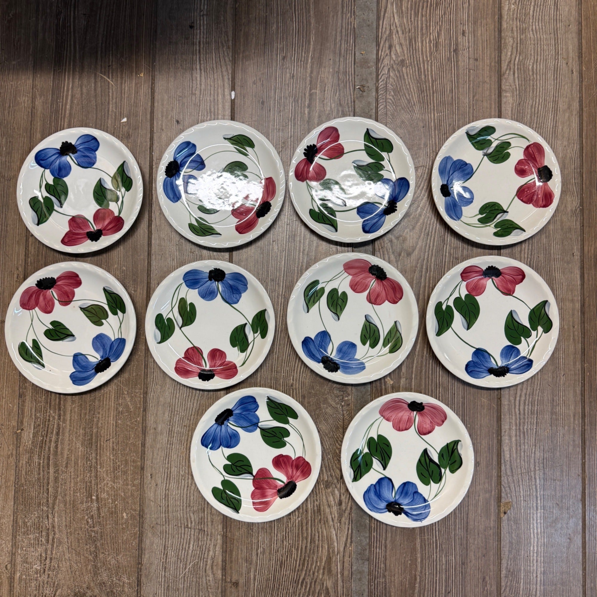 Vintage Blue Ridge Set of (10) Southern Blue & Red Flowers 6" Plates BRP167