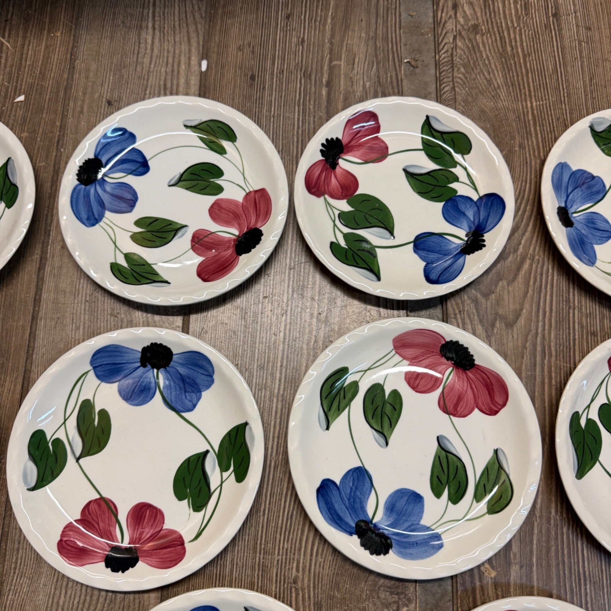 Vintage Blue Ridge Set of (10) Southern Blue & Red Flowers 6" Plates BRP167