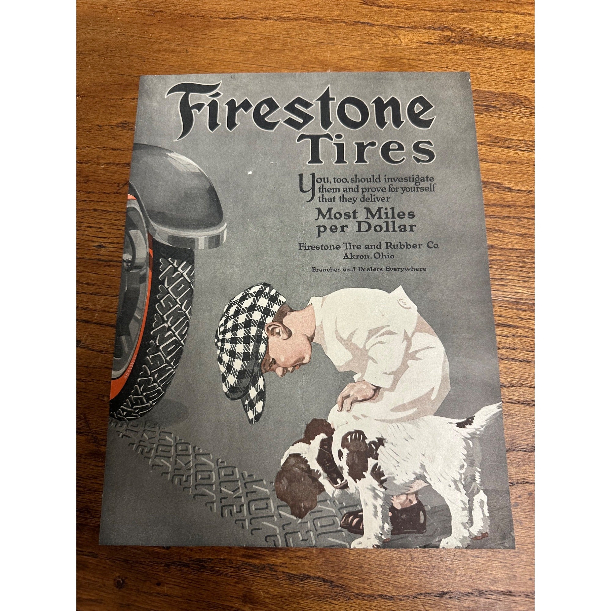 Vintage 1920s Firestone Tires Advertisement Sign Magazine Ad Dog & Boy Small Child