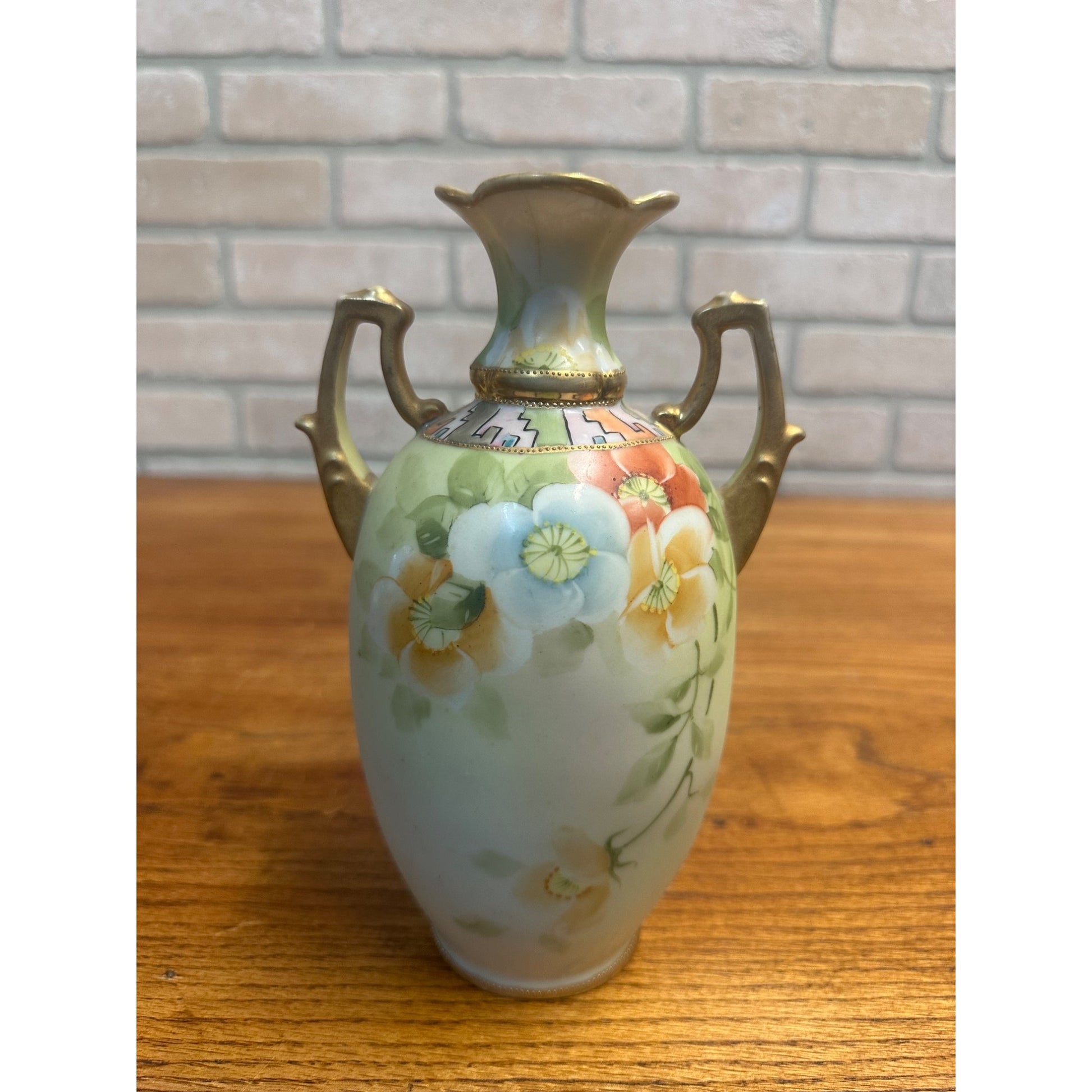 Vintage Nippon Hand Painted Floral Vase 8.25" Tall Geometric Neck