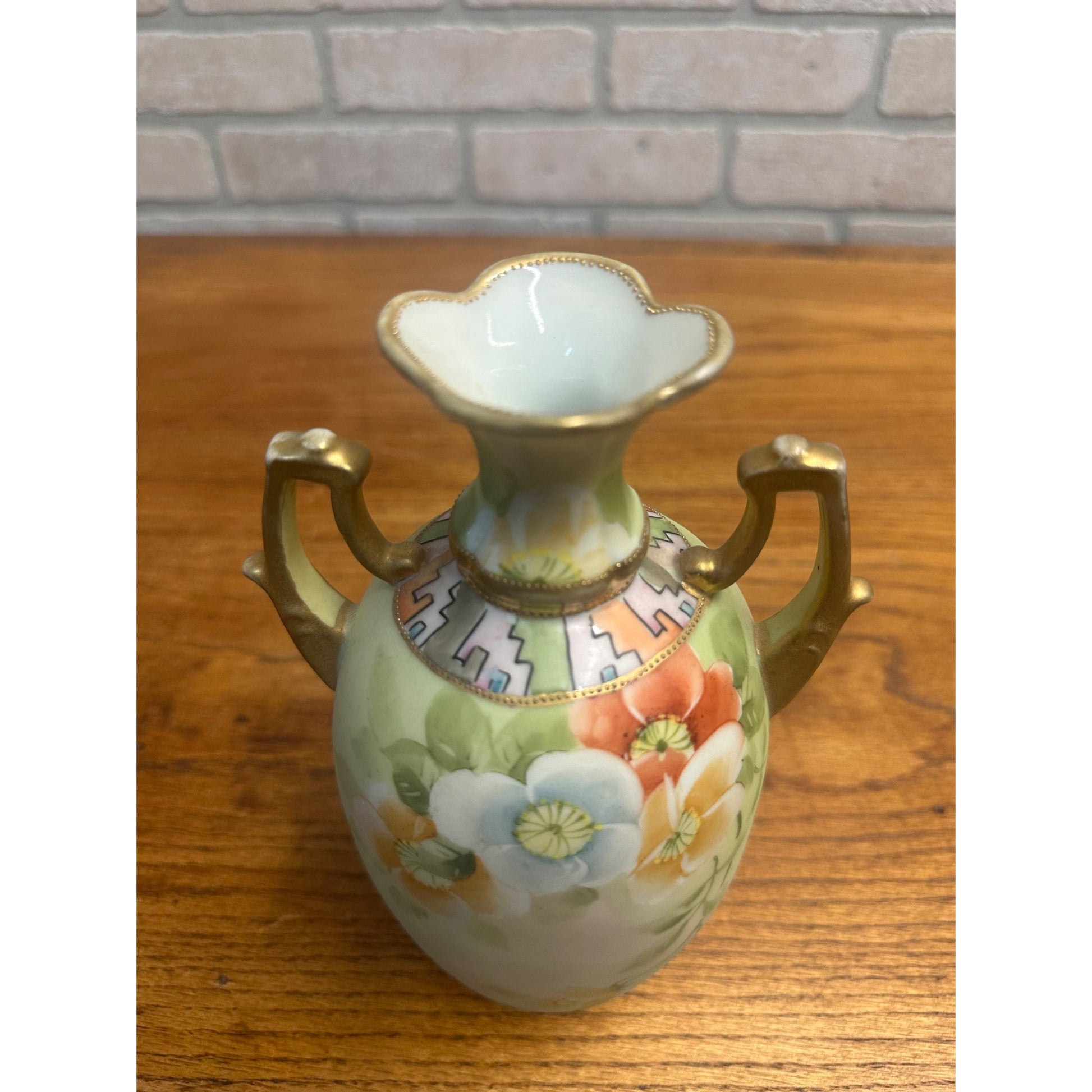 Vintage Nippon Hand Painted Floral Vase 8.25" Tall Geometric Neck