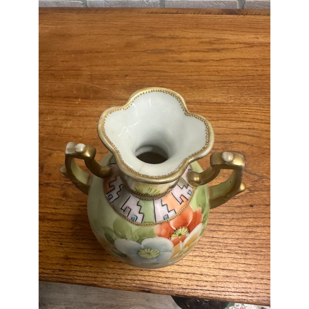 Vintage Nippon Hand Painted Floral Vase 8.25" Tall Geometric Neck