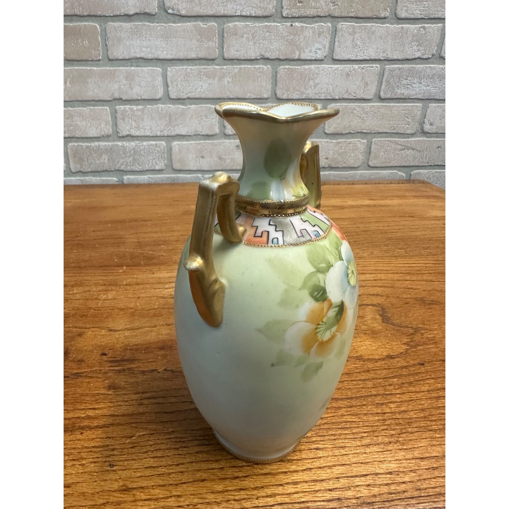 Vintage Nippon Hand Painted Floral Vase 8.25" Tall Geometric Neck