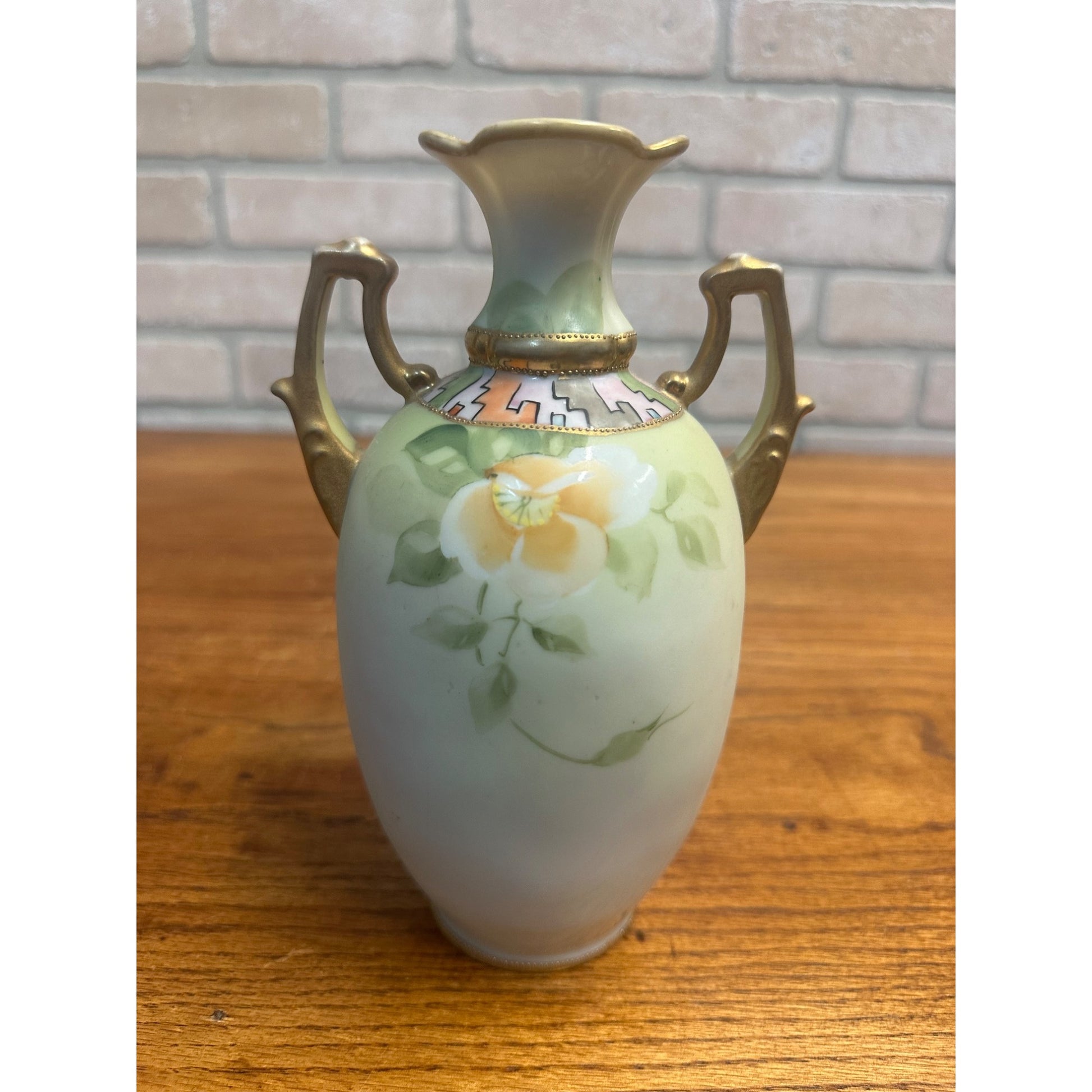 Vintage Nippon Hand Painted Floral Vase 8.25" Tall Geometric Neck