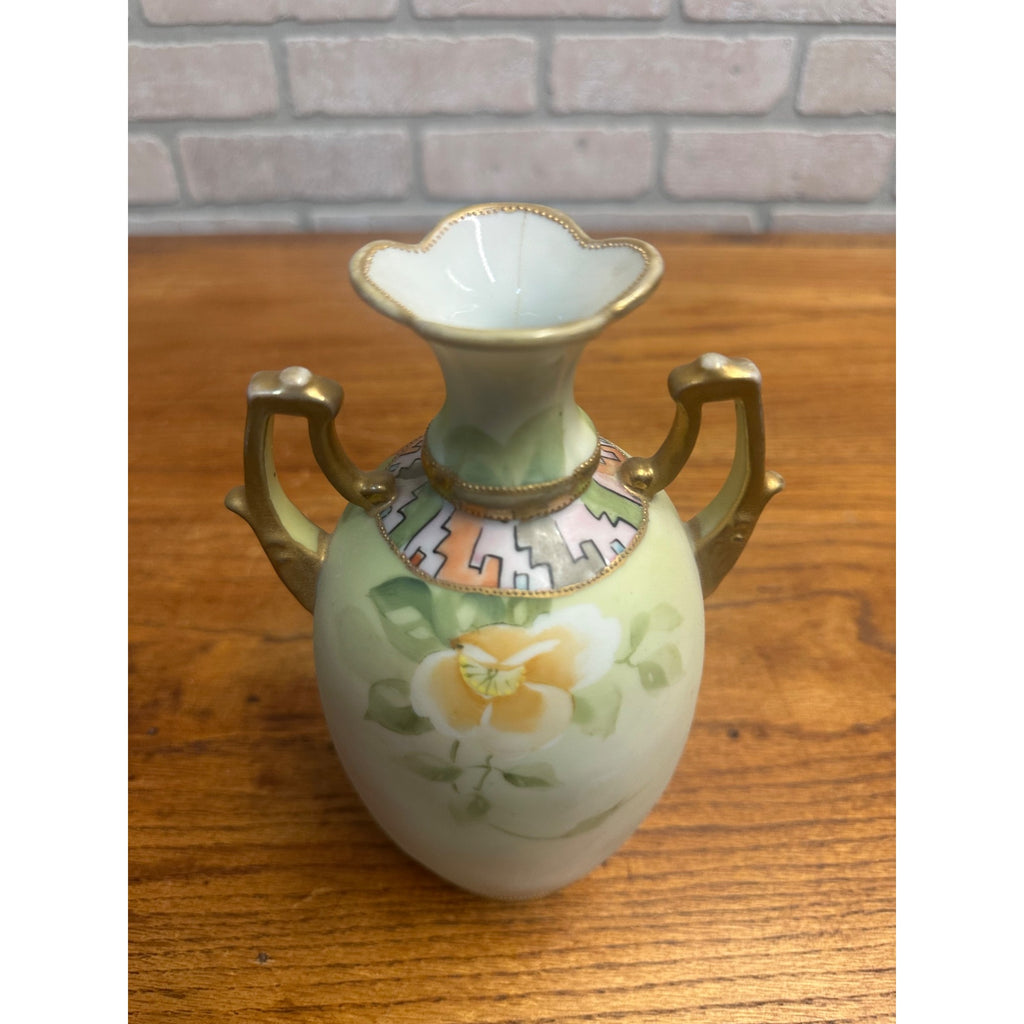 Vintage Nippon Hand Painted Floral Vase 8.25" Tall Geometric Neck