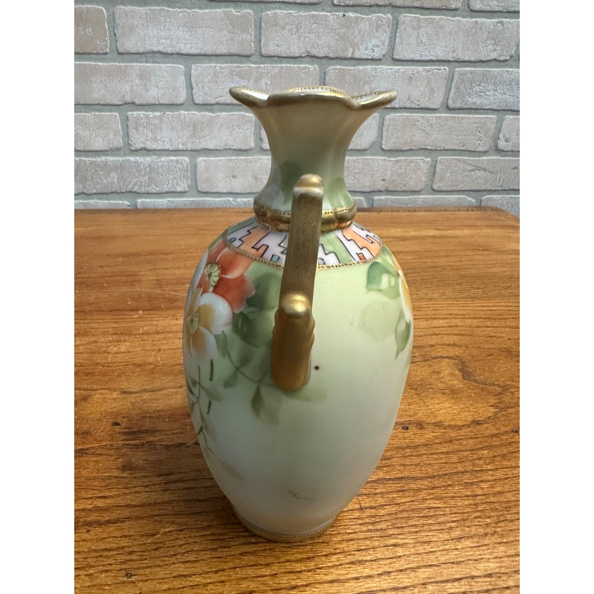 Vintage Nippon Hand Painted Floral Vase 8.25" Tall Geometric Neck
