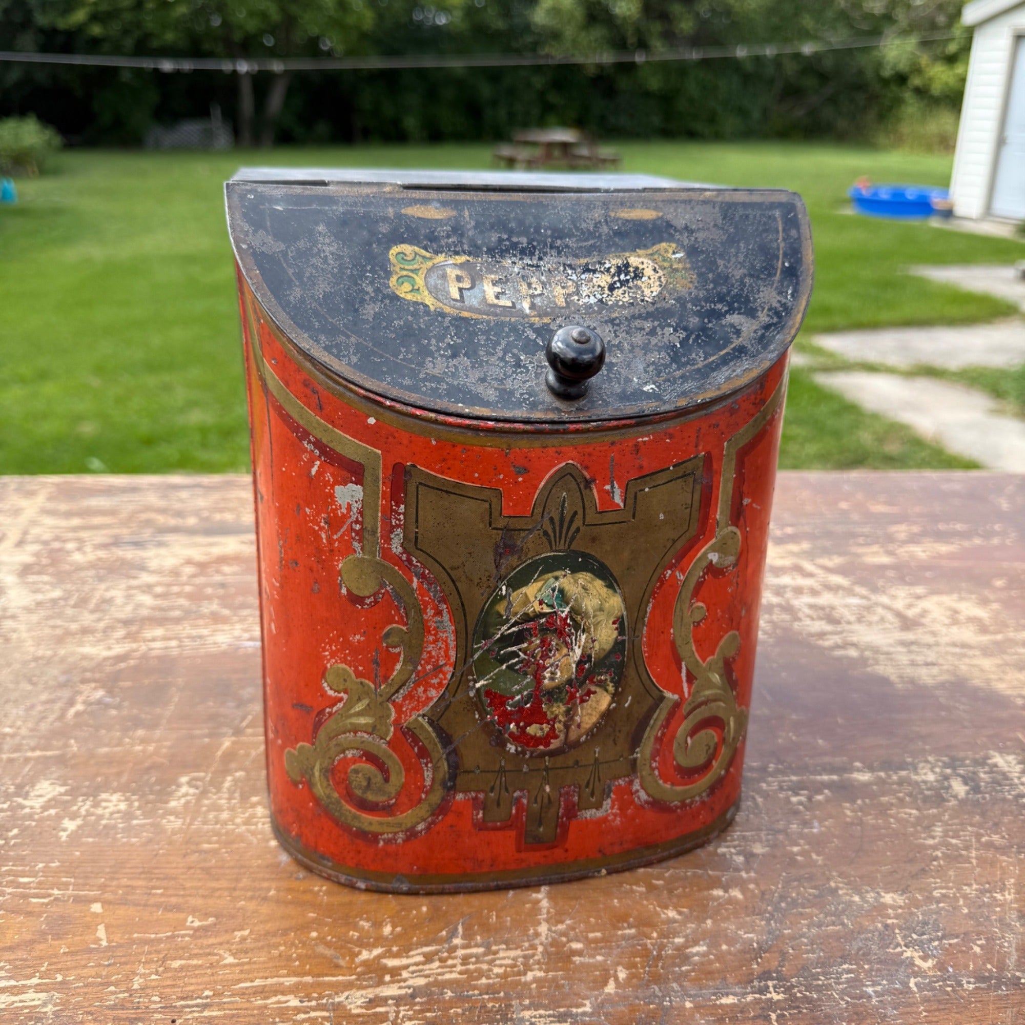 Vintage General Store Countertop Pepper Spice Box Bin Hinged Lid Metal Victorian Woman Decoration Primitive Kitchen Decor