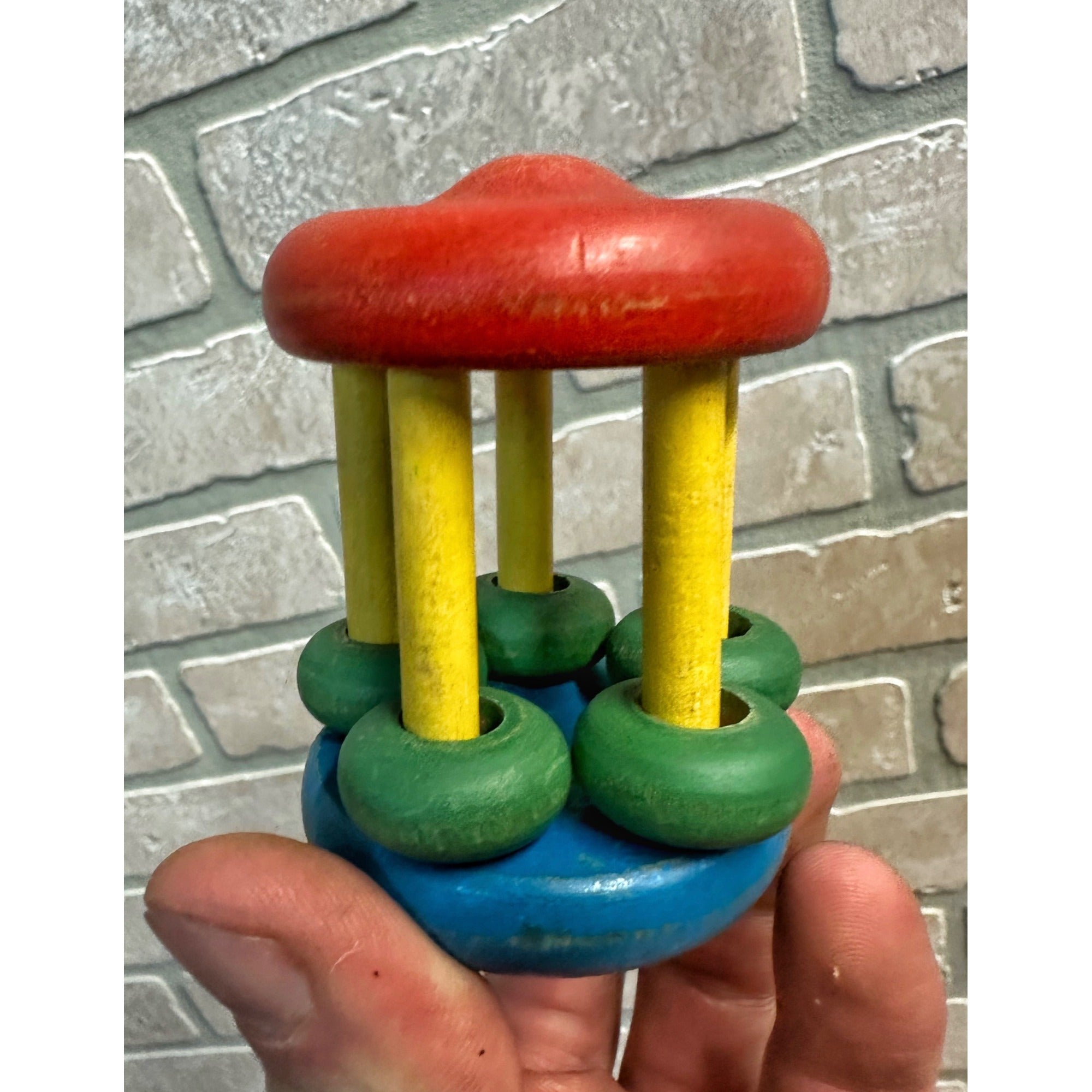 Vintage 1940s Wooden Rolling Baby Rattle Crib Toy Circle Cage Wood