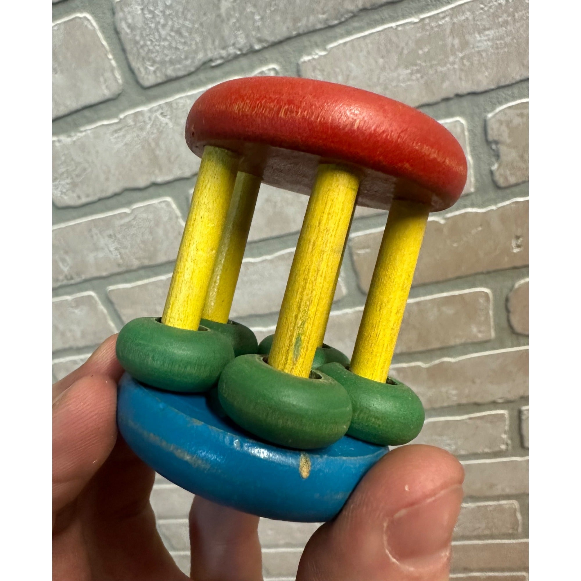 Vintage 1940s Wooden Rolling Baby Rattle Crib Toy Circle Cage Wood