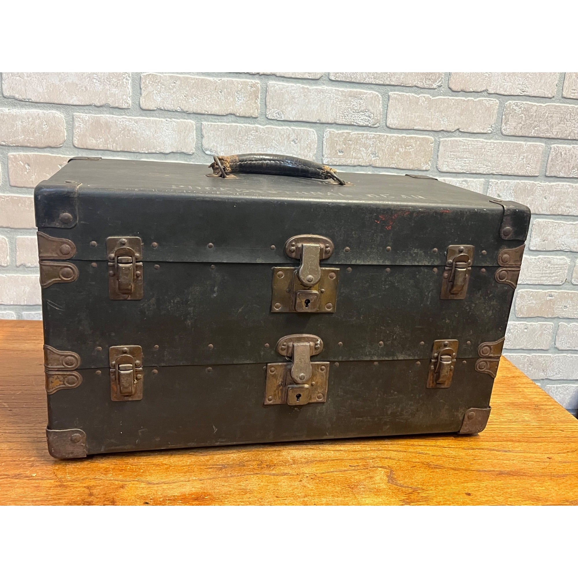 Antique 1920s Surveyor or Lineman Tool Box Chest With Brass Latches