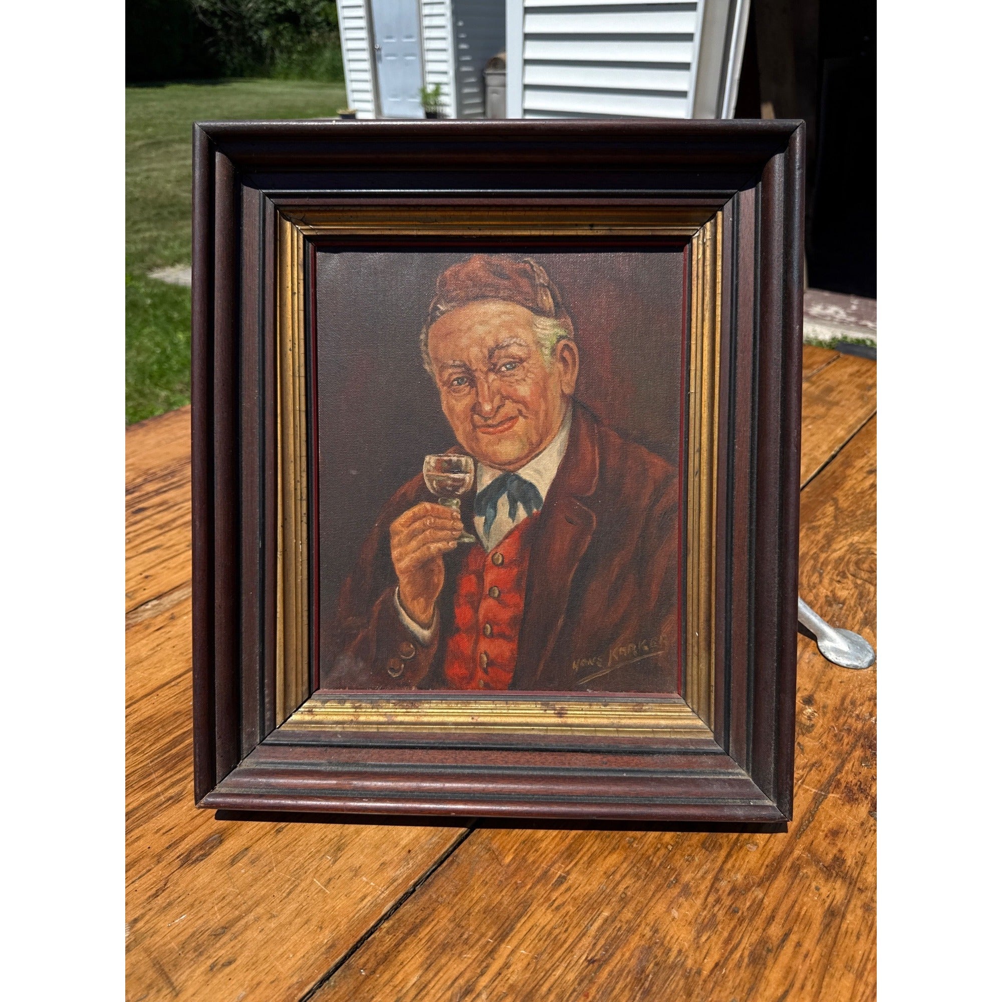 Vintage Oil Painting Smiling Tavern Gentleman Wine Portrait Framed Signed Folk Art