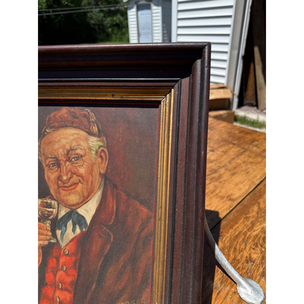Vintage Oil Painting Smiling Tavern Gentleman Wine Portrait Framed Signed Folk Art