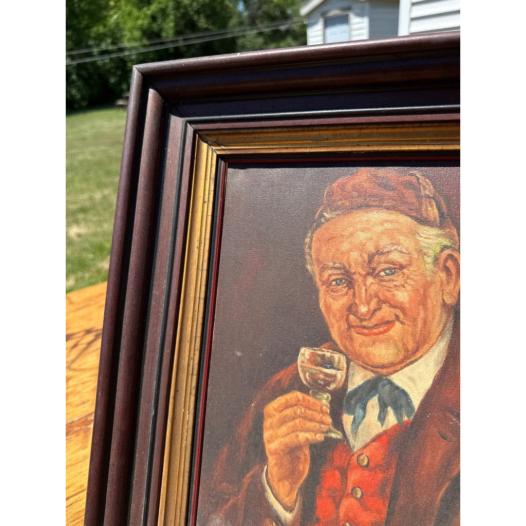 Vintage Oil Painting Smiling Tavern Gentleman Wine Portrait Framed Signed Folk Art
