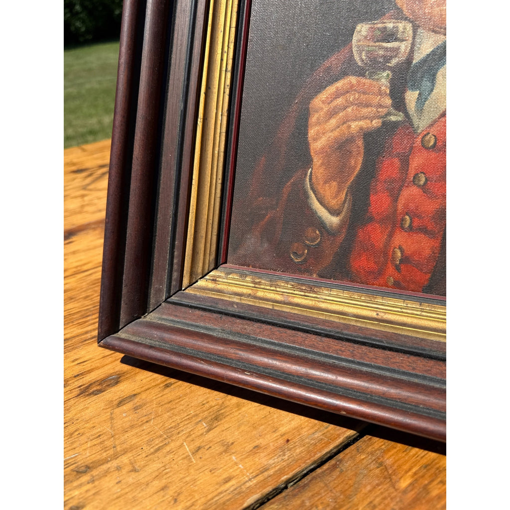 Vintage Oil Painting Smiling Tavern Gentleman Wine Portrait Framed Signed Folk Art