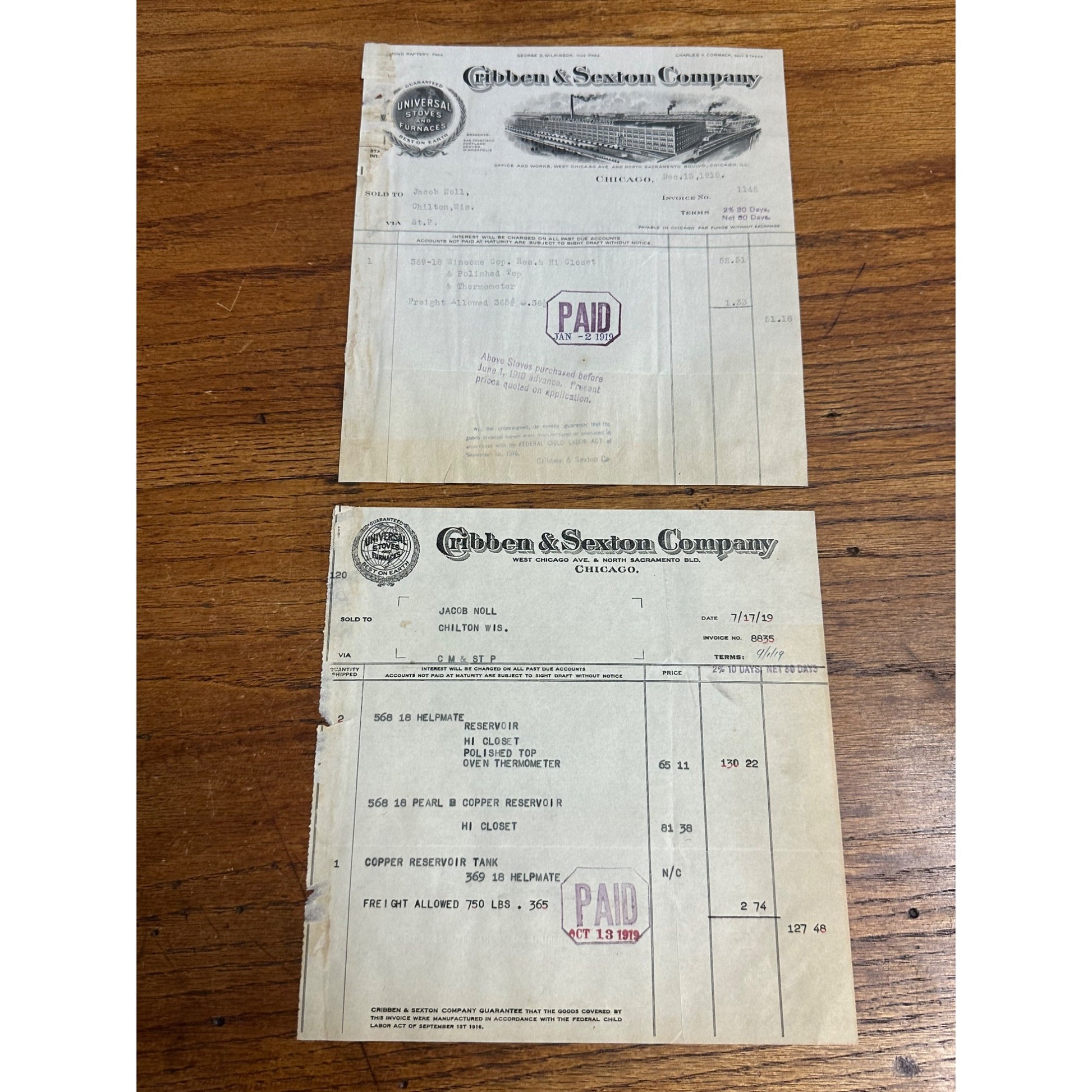 Cribben & Sexton Compan, Universal Stoves Furnaces Chicago Invoice Letterhead