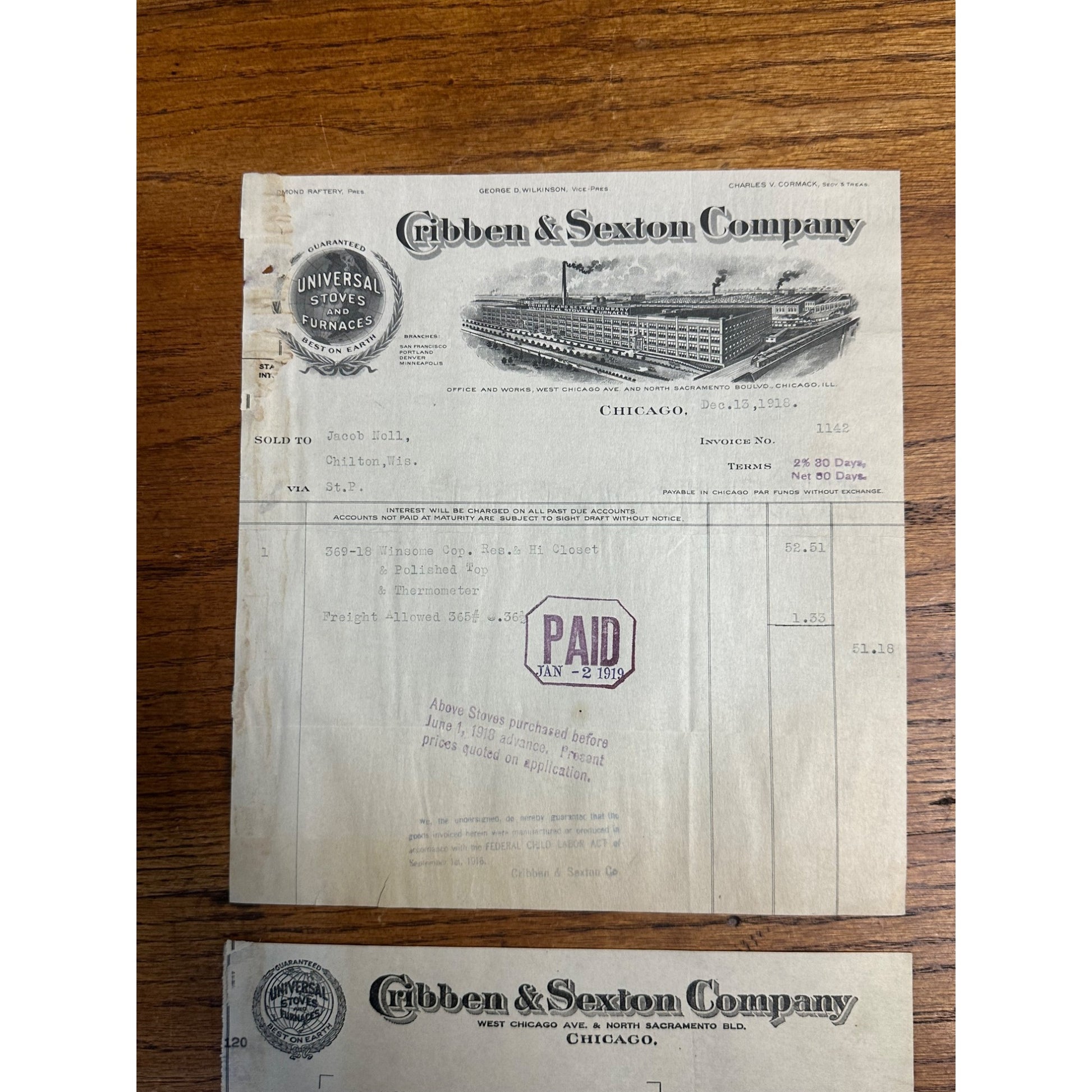 Cribben & Sexton Compan, Universal Stoves Furnaces Chicago Invoice Letterhead