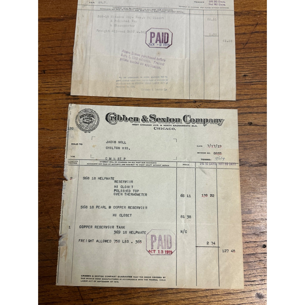 Cribben & Sexton Compan, Universal Stoves Furnaces Chicago Invoice Letterhead