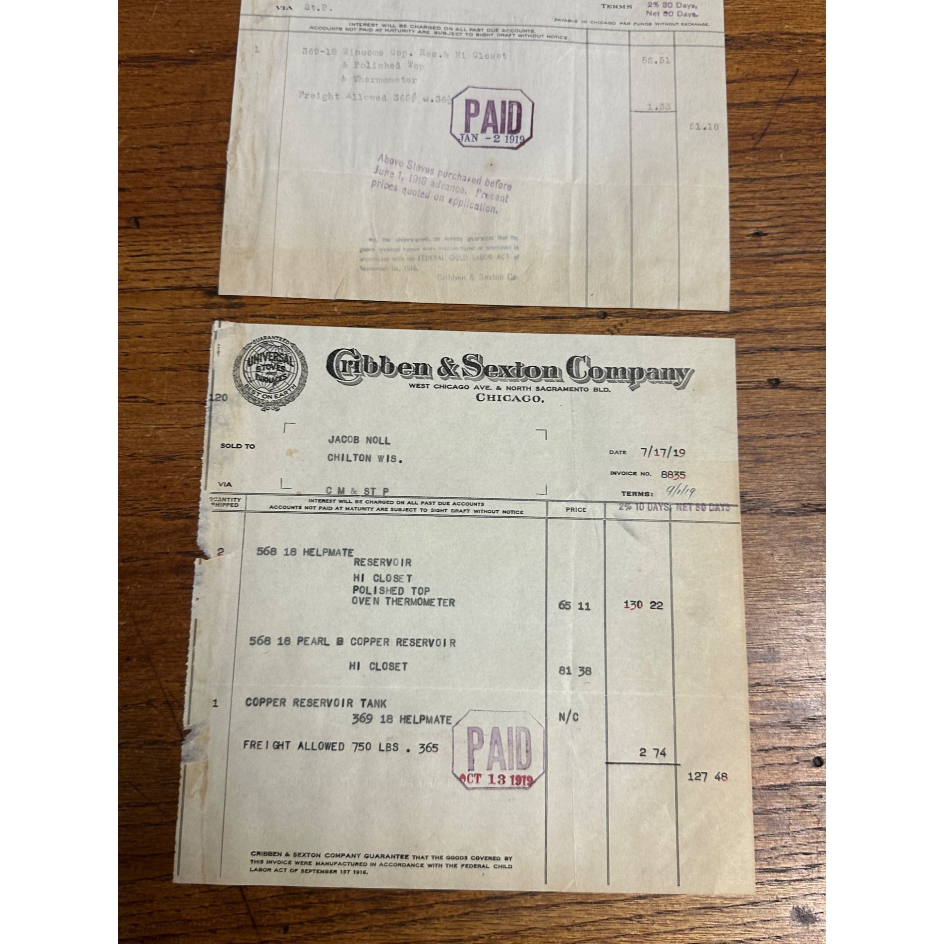 Cribben & Sexton Compan, Universal Stoves Furnaces Chicago Invoice Letterhead