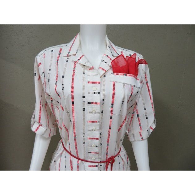 Vintage 1960s Red & White Shirt Dress w/ Belt & Pocket Scarf Size 12