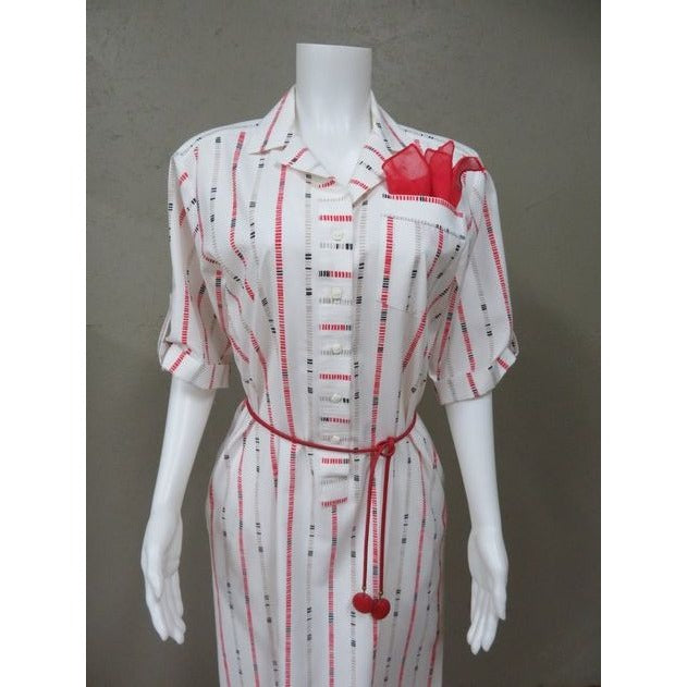 Vintage 1960s Red & White Shirt Dress w/ Belt & Pocket Scarf Size 12