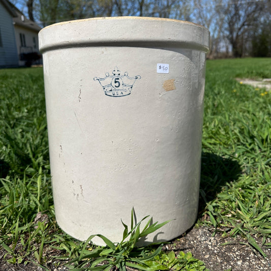 5 Gallon Robinson Ransbottom Stoneware Crock Crown Marked Roseville Ohio