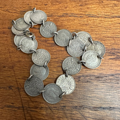 Vintage WWII Trench Art Souvenir Australia Three Pence (18 Coins, 1930s-40s) Bracelet