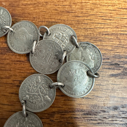 Vintage WWII Trench Art Souvenir Australia Three Pence (18 Coins, 1930s-40s) Bracelet