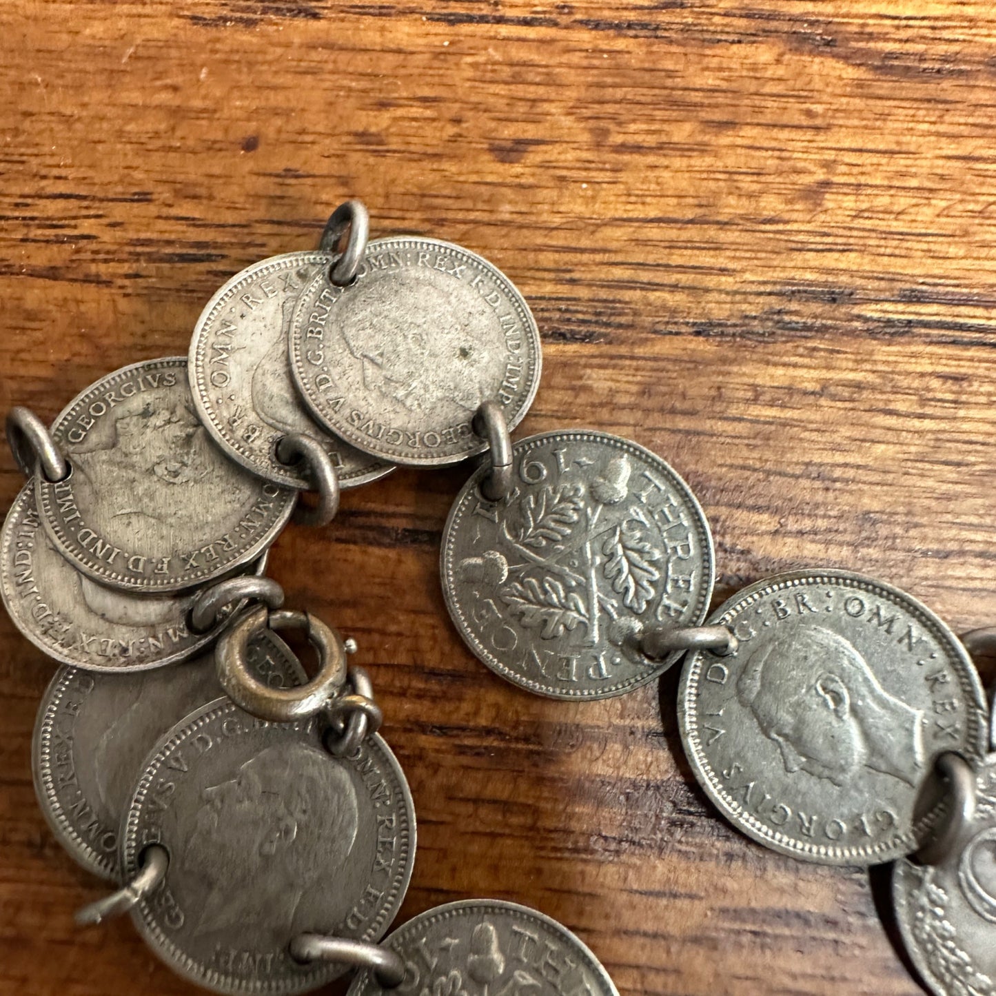 Vintage WWII Trench Art Souvenir Australia Three Pence (18 Coins, 1930s-40s) Bracelet