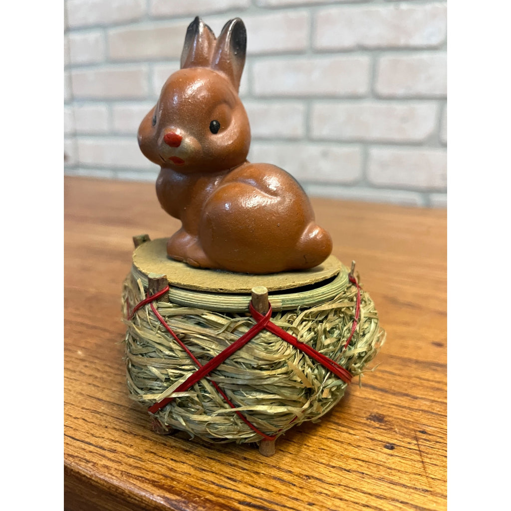 Vintage 1950s German Brown Easter Bunny Rabbit Lidded Candy Container Basket